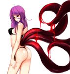  bikini black_bikini black_sclera blood breasts kagune_(tokyo_ghoul) kamishiro_rize long_hair looking_back medium_breasts purple_hair red_eyes solo swimsuit tokyo_ghoul white_background 