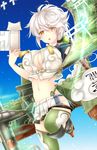  baretto_(firearms_1) braid breasts character_name cleavage_cutout cloud_print colored_eyelashes crop_top highres kantai_collection large_breasts long_hair looking_at_viewer midriff miniskirt open_mouth pleated_skirt silver_hair single_braid skirt sky solo standing standing_on_one_leg thighhighs translated unryuu_(kantai_collection) wavy_hair yellow_eyes zettai_ryouiki 