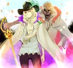  blonde_hair cape cavendish dual_persona flower hakuba_(one_piece) hat long_hair looking_at_viewer male male_focus neko_ni_chikyuu one_piece open_clothes open_shirt plume shirt sword weapon 