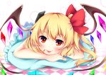  :p black_legwear blonde_hair blush bow checkered checkered_floor flandre_scarlet hair_bow hat highres looking_at_viewer lying miy@ on_stomach pillow red_eyes side_ponytail slit_pupils smile solo tongue tongue_out touhou wings 