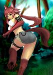  :3 animal_ears ass belt_pouch breasts brown_hair claws criss-cross_halter forest grass green_eyes halter_top halterneck highres hiragana_(gomasyabu) large_breasts long_hair looking_at_viewer looking_back motion_blur nature original paws ponytail pouch running short_shorts shorts solo tail test_tube thigh_strap thighs tree twisted_torso wolf_ears wolf_girl wolf_paws wolf_tail 
