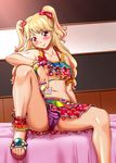  aikatsu! aikatsu!_(series) ankle_cuffs arm_rest bangle beads bed_sheet blonde_hair blush bow bracelet breasts cameltoe collarbone condom crescent crescent_hair_ornament crop_top crop_top_overhang earrings eyelashes hair_bow hair_ornament hair_ribbon half_updo happy head_tilt highres holding holding_condom jewelry kijinaka_mahiro leg_up long_hair looking_at_viewer md5_mismatch midriff miniskirt multicolored_hair natsuki_mikuru navel panties pantyshot pantyshot_(sitting) pink_hair purple_panties red_eyes ribbon sandals shiny shiny_skin shoes sitting skirt small_breasts smile solo streaked_hair tattoo two_side_up underboob underwear wet wet_clothes wet_panties 