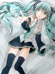  asuku_(69-1-31) detached_sleeves green_eyes green_hair hatsune_miku long_hair necktie outstretched_arm reaching skirt solo thighhighs twintails very_long_hair vocaloid 