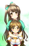  blush bow breasts brown_eyes brown_hair cleavage crescent crescent_earrings crossover earrings gloves hair_bow hair_ornament hairclip highres hug hug_from_behind jewelry kenken large_breasts long_hair love_live! love_live!_school_idol_project minami_kotori multiple_girls one_side_up seiyuu_connection shinomiya_himawari smile uchida_aya vividred_operation 