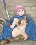  1girl armor breasts cape dressrosa gloves one_piece pink_hair princess rebecca_(one_piece) shield sitting sword thighs weapon 
