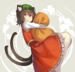  alternate_eye_color animal_ear_fluff animal_ears bangs brown_hair cat_ears cat_tail chen commentary_request eyebrows_visible_through_hair feet_out_of_frame green_hat grey_background hair_between_eyes hat highres long_sleeves looking_at_viewer mob_cap multiple_tails nekomata object_hug petticoat pillow pillow_hug red_skirt red_vest rin_falcon shirt short_hair simple_background skirt skirt_set smile solo tail touhou two_tails vest white_legwear white_shirt yellow_eyes 