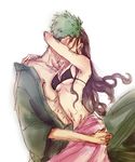  1boy 1girl bikini bikini_top black_bikini black_hair breasts collarbone floating_hair green_hair hand_on_another's_shoulder hand_on_ass hand_on_shoulder highres japanese_clothes kimono kiss lan_(medusalan) long_hair long_sleeves navel nico_robin off_shoulder one_piece open_clothes pink_skirt roronoa_zoro rough sarong short_hair simple_background skirt swimsuit underboob very_short_hair white_background 