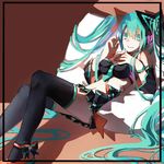  aqua_eyes aqua_hair bracelet detached_sleeves hatsune_miku jewelry long_hair momozi_(mkingnight) pillow reclining skirt smile solo thighhighs twintails very_long_hair vocaloid 
