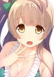  bikini breasts brown_eyes brown_hair cleavage frilled_bikini frills green_bikini long_hair looking_at_viewer love_live! love_live!_school_idol_project medium_breasts minami_kotori one_side_up open_mouth simple_background siva_(executor) solo swimsuit white_background 