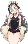 absurdres bad_id bad_pixiv_id bonnet competition_swimsuit cowboy_shot elsword eve_(elsword) fullluv gloves head_tilt highres long_hair looking_at_viewer one-piece_swimsuit paw_gloves paws silver_hair solo swimsuit thigh_gap very_long_hair yellow_eyes 