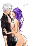 1girl artist_request ass breast_press breasts clothed_male_nude_female cowboy_shot face-to-face hair_over_eyes hand_on_another's_cheek hand_on_another's_face hetero kamishiro_rize kaneki_ken lipstick long_hair makeup medium_breasts nude open_clothes open_shirt pants parted_lips profile purple_hair shirt sideboob smile tokyo_ghoul white_background white_hair wing_collar 