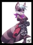  ambiguous_gender looking_at_viewer mammal minigun raccoon rudragon scarf solo 