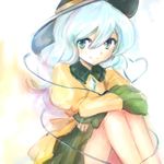  blue_eyes hanada_hyou hat heart heart_of_string holding_legs komeiji_koishi lowres smile solo touhou white_hair 