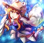  bad_id bad_pixiv_id barefoot blonde_hair bracelet bubble dress hair_ribbon hat hizagawa_rau jewelry long_sleeves looking_at_viewer moriya_suwako open_mouth purple_dress ribbon shirt smile solo thighhighs toeless_legwear touhou underwater white_legwear wide_sleeves yellow_eyes zettai_ryouiki 