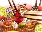  :d blonde_hair cake fang flandre_scarlet food hat in_food minigirl mob_cap open_mouth oversized_object puffy_short_sleeves puffy_sleeves red_eyes rnkgmn short_sleeves side_ponytail skirt smile sweets touhou vest wings 