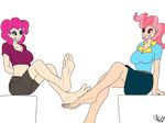  big_breasts breasts bronypanda clothing eyeshadow foot_fetish friendship_is_magic hair hindpaw human humanized makeup mammal mrs_cake_(mlp) my_little_pony paws pink_eyes pink_hair pinkie_pie_(mlp) shorts skirt 