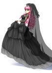  1girl black_dress dress drill_hair earrings gloves jewelry long_hair looking_at_viewer one_piece perona pink_hair show-nosuke solo very_long_hair wedding_dress 