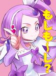  arm_warmers choker cure_sword curly_hair detached_sleeves dokidoki!_precure dress eyelashes hair_ornament hairclip half_updo happy heart kenzaki_makoto kurochiroko looking_at_viewer magical_girl microphone pink_background ponytail precure purple_choker purple_dress purple_eyes purple_hair ribbon short_hair side_ponytail simple_background smile solo standing translation_request 