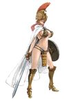  1girl armor braid breasts cape dressrosa female full_body gladiator helmet iwanai_tomoeju large_breasts long_hair midriff navel one_piece pink_hair plume rebecca_(one_piece) shield sideboob solo standing sword weapon 