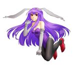  animal_ears bare_arms bare_shoulders black_legwear breasts bridal_gauntlets bunny_ears bunny_girl bunny_tail bunnysuit cleavage collarbone finger_to_mouth full_body gauntlets groin hinoyama_ena leotard lips long_hair looking_at_viewer pantyhose purple_hair purple_leotard red_eyes red_footwear reisen_udongein_inaba shoes simple_background small_breasts smile solo tail touhou very_long_hair white_background 