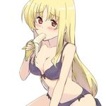  banana bare_shoulders blonde_hair blush bow bra breasts cleavage collarbone fate_testarossa food fruit highres large_breasts long_hair lyrical_nanoha mahou_shoujo_lyrical_nanoha_strikers panties red_eyes saliva sexually_suggestive shiny shiny_hair shirogane_(fox) solo sucking underwear underwear_only 