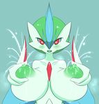  2014 anthro anthrofied big_breasts blush breast_grab breasts crossgender cyan_background female fondling gallade genderswap green_nipples green_tongue hair heart heart-shaped_pupils huge_breasts jcdr lactating lactation looking_at_viewer mega_evolution mega_gallade mega_pokemon nintendo nipples nude open_mouth plain_background pok&eacute;mon pokemon red_eyes smile solo symbol-shaped_pupils video_games 