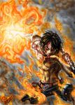  abs absurdres battle black_hair blood elbow_pads fire green_eyes highres jewelry male_focus necklace one_piece portgas_d_ace shirtless signature smile smoke solo takumi_(marlboro) tattoo toned toned_male wiping_mouth 
