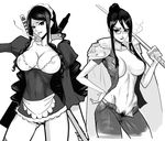  baby_5 breasts cigarette cleavage commentary covered_navel covered_nipples glasses greyscale huge_breasts katana lips long_hair looking_at_viewer maid_headdress mikazuki_shigure monochrome multiple_girls navel one_piece pubic_hair simple_background smoke smoking sword tashigi weapon white_background 