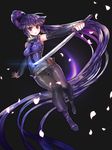  absurdly_long_hair akatsuki_(log_horizon) bad_id bad_pixiv_id belt blade boots full_body glowing katana log_horizon long_hair petals purple_eyes purple_hair ryusin solo sword very_long_hair weapon 