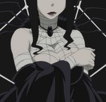  arachne_gorgon bandage black_hair breasts covering covering_breasts lipstick makeup screencap solo soul_eater stitched upper_body 