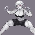  1girl abs artist_request breasts cleavage large_breasts looking_at_viewer muscle red_eyes short_hair solo sports_bra 