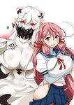  akashi_(kantai_collection) aoi_manabu breasts cleavage kantai_collection large_breasts long_hair looking_at_viewer midway_hime multiple_girls pink_hair red_eyes shinkaisei-kan smile very_long_hair white_background white_skin 