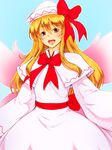  1girl blonde_hair blue_sky blush bow bowtie brown_eyes capelet commentary dress fairy_wings hair_bow happy hat highres kakone lily_white lips lipstick long_hair long_sleeves makeup open_mouth parted_lips photoshop_(medium) pink_dress red_bow sash sidelocks sky smile solo teeth touhou white_hat wide_sleeves wings 
