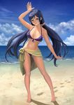  2014 absurdres arm_up beach bikini breasts cloud contrapposto dated day footprints front-tie_bikini front-tie_top green_eyes highres large_breasts lasterk long_hair long_legs looking_at_viewer love_live! love_live!_school_idol_project navel ocean outdoors purple_bikini purple_hair sarong signature sky smile solo standing strap_gap swimsuit toujou_nozomi very_long_hair 