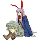  alternate_costume alternate_hairstyle animal_ears boots braid bunny_ears buttons cross-laced_footwear dress_shirt frills full_body highres hinoyama_ena jacket lace-up_boots long_hair long_skirt red_eyes red_scarf reisen_udongein_inaba scarf shirt simple_background sitting skirt solo touhou very_long_hair white_background white_shirt 