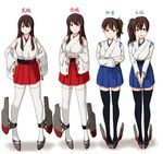  adapted_costume akagi_(kantai_collection) amagi_(battlecruiser)_(kantai_collection) bare_shoulders black_legwear blue_skirt brown_hair character_name crossed_arms detached_sleeves hakama_skirt hands_on_hips hands_together japanese_clothes kaga_(kantai_collection) kama_iruka kantai_collection long_hair looking_at_viewer multiple_girls nontraditional_miko original pleated_skirt red_skirt short_hair side_ponytail simple_background skirt thighhighs tosa_(kantai_collection) translated v_arms white_background white_legwear zettai_ryouiki 