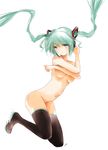  artist_name boots breasts crossed_arms digital_dissolve floating_hair green_eyes green_hair hatsune_miku headset highres kowiru long_hair medium_breasts nude simple_background solo thigh_boots thighhighs twintails underboob vocaloid white_background 