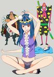  blue_hair bon_clay character_request ein_(one_piece) grin high_heels hood hoodie long_hair lying mouth_hold on_back one_piece one_piece_film_z red_eyes s_sasaki_09140 short_shorts shorts sitting smile z_(one_piece) 