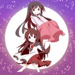  :3 animal_ears black_hair brooch brown_eyes brown_hair chibi dashimaki dress finger_to_chin full_body full_moon gradient gradient_background hand_on_own_chin houraisan_kaguya imaizumi_kagerou japanese_clothes jewelry layered_dress long_hair long_sleeves looking_at_viewer moon multiple_girls red_eyes skirt skirt_set smile sparkle sparks tail touhou very_long_hair wide_sleeves wolf_ears wolf_tail 
