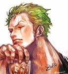  1boy artist_name character_name earrings frown green_hair jewelry male male_focus one_piece roronoa_zoro scar signature solo tsuyomaru 