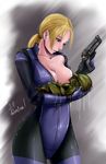  1girl bad_id bad_pixiv_id blonde_hair blue_eyes bodysuit breast_feeding breast_slip breasts center_opening character_name collarbone cowboy_shot gun handgun highres hunter_(resident_evil) jill_valentine large_breasts long_hair looking_at_another mappaninatta monster one_breast_out resident_evil resident_evil_5 solo unzipped weapon 