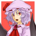  ascot bat_wings brooch dress fang hat hat_ribbon hinoyama_ena jewelry looking_at_viewer mob_cap open_mouth puffy_sleeves purple_dress purple_hair red_eyes remilia_scarlet ribbon short_sleeves slit_pupils smile solo touhou upper_body wings 