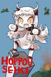  aircraft airplane alternate_hairstyle character_name chibi commentary fang holding horns kantai_collection king_kong long_hair mittens northern_ocean_hime open_mouth parody shinkaisei-kan solo tao_(kadoya) white_hair white_skin 
