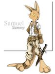  2002 faolan_farr_(artist) fur gloves kangaroo knife mammal marsupial original samuel_(character) simple_background tan_fur vest weapon yellow_eyes 
