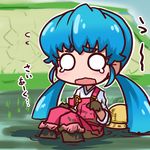  1girl blue_hair boots dirty happinesscharge_precure! hat ikkyuu mud overalls precure rice_paddy shirayuki_hime sitting solo twintails 