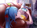  blue_eyes blue_hair couch curtains figure food hair_ribbon handheld_game_console hatsune_miku headphones highres lips long_hair looking_at_viewer looking_back lying megurine_luka mouth_hold no_pants on_back panties playing_games playstation_vita pocky ribbon solo striped striped_legwear striped_panties takoluka thighhighs underwear vocaloid wei_ji window 