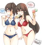  :p ^_^ akagi_(kantai_collection) artist_name bikini blue_bikini blush breasts brown_hair cleavage closed_eyes food food_theft ice_cream indirect_kiss kaga_(kantai_collection) kaisanbutsu kantai_collection long_hair medium_breasts multiple_girls navel red_bikini short_hair side_ponytail simple_background spoon swimsuit thigh_gap tongue tongue_out translated twitter_username white_background yuri 