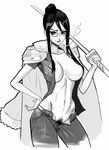  1girl breasts cigarette female glasses greyscale hand_on_hip jacket_on_shoulders long_hair looking_at_viewer midriff mikazuki_shigure monochrome navel one_piece open_clothes open_fly open_shirt pubic_hair shirt smoking solo standing sword tashigi unzipped weapon 