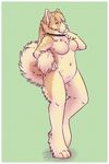  anthro blonde_hair breasts canine collar dog female green_background green_eyes hair hush-a-bye long_hair looking_at_viewer mammal neck_ruff nude plain_background smile solo standing 