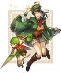  ;d blue_eyes brown_hair coat felyne glasses guildmarm_(monster_hunter) hat long_hair looking_at_viewer monster_hunter monster_hunter_4 one_eye_closed open_mouth semi-rimless_eyewear smile star under-rim_eyewear waving weapon yunomachi 